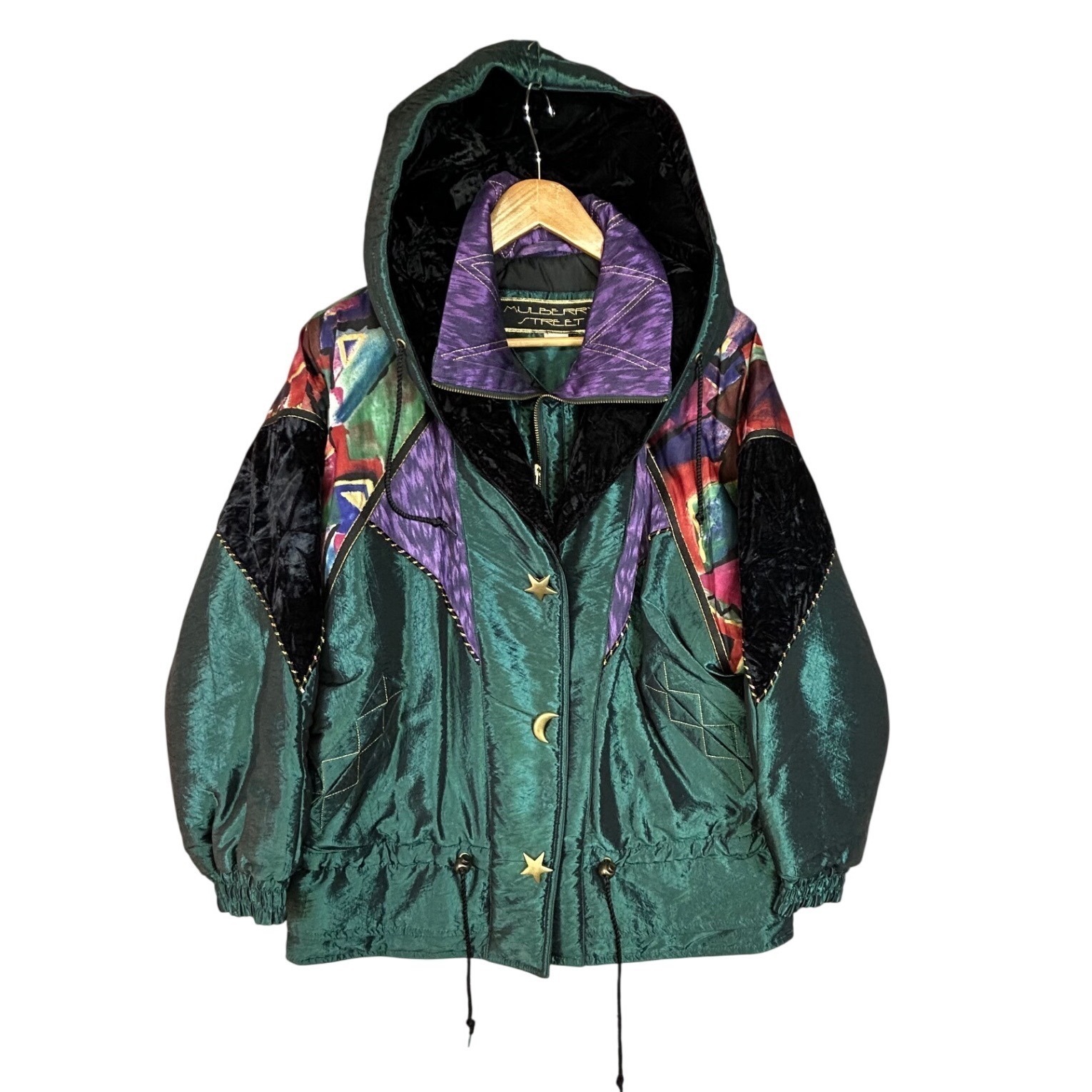 Vintage Mulberry Street Green Purple Geometric Celestial Star Moon Jacket Small